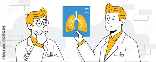 Doctors analyzing lung xray illustration isolated on white background