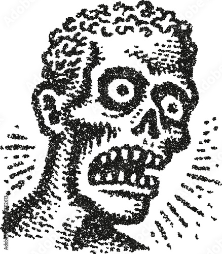 Panicked zombie face with brain-like hair, screaming in horror, created with an expressive stipple vector technique. A raw and intense design for punk rock flyers or indie comics.
