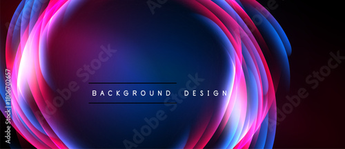 Abstract neon layers create vibrant oval shape. Dark background emphasizes glowing colors, modern design element.