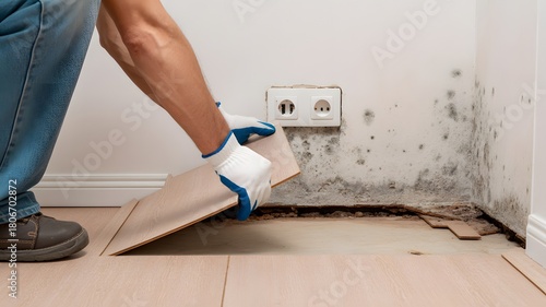 Worker removing damaged flooring with mold and water damage, home repair and renovation concept for restoration and cleaning