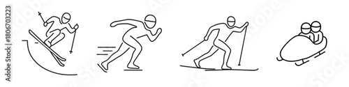 Linear black icons of winter sports: freestyle skiing with a skier in mid-air, a speed skater in full stride, a cross-country skier pushing with poles, and a two-person bobsled team