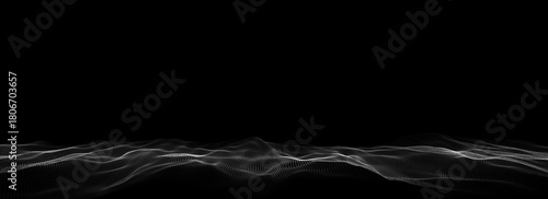 Dark cyberspace in digital background. Abstract technology wave with motion dots and lines. Connection big data. Futuristic wireframe texture. Analysis a network connection. 3D rendering.