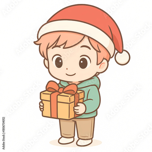 Chibi boy in Santa hat holding a Christmas gift
