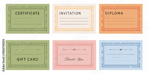 Set of six vintage style templates for certificate invitation diploma gift card and thank you notes