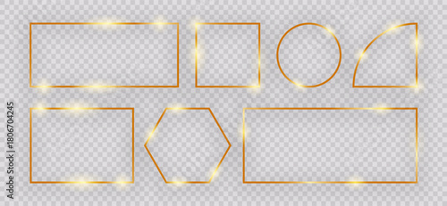 Gold shiny glowing frames. Modern golden geometric borders, luxury realistic rectangle hexagon circle square shapes isolated on transparent background. Vector framework set