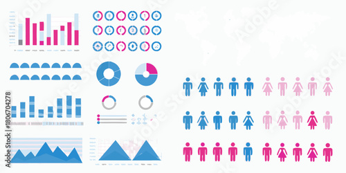Data visualization and infographics elements with charts graphs and human icons on white background