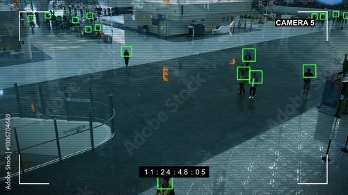 Motion detection system surveillance camera recognizes people using big data and artificial intelligence. CCTV camera identifies people's faces and objects at the airport. Facial recognition scans, 4k