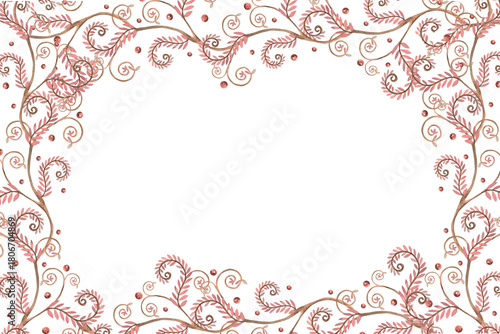 Rectangular frame with folklore branches. Isolated watercolor illustration for flower shop business cards, cosmetic packaging, poster printing, and Christmas card design.