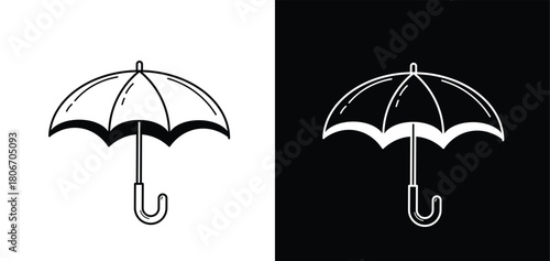 Umbrella Outline Icon. Black on White and White on Black Versions. Minimalist Rain Protection Vector Element. Monochrome Weather Clipart.