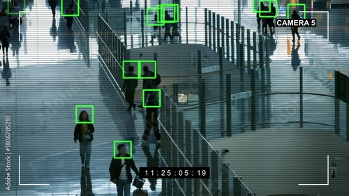 Video monitoring system performs biometric facial recognition of people in a public place. AI-controlled CCTV camera identifies and recognizes people. The interface of the surveillance application, 4k