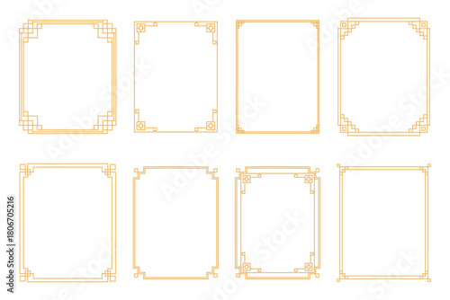 Gold asian set Korean traditional frames, line borders with knot corners ornament. Decoration border collection, divider for banner, certificate.