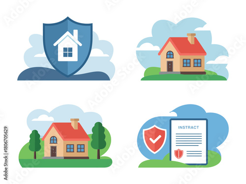 Illustrations representing home insurance concepts with houses and shields
