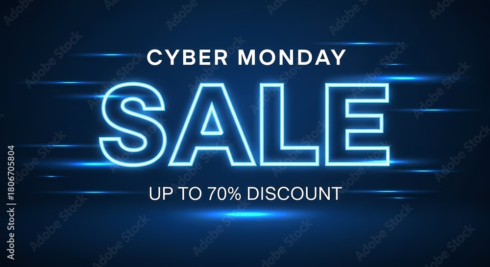 Obraz premium Cyber monday sale up to 70% discount on dark blue background illustration