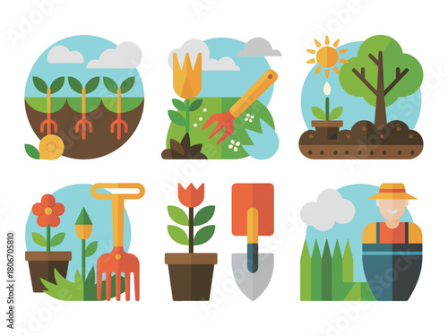 Illustrations depict various gardening activities and elements in a flat design style.