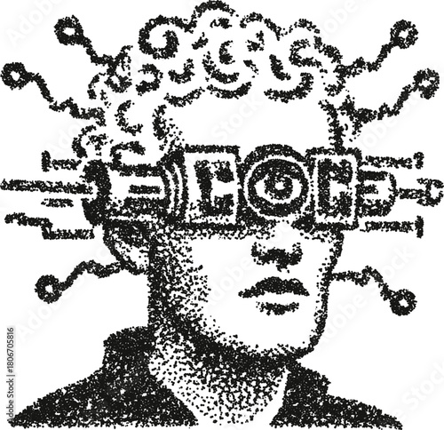 Vector stipple portrait of man wearing futuristic digital glasses with eye symbols in eccentric cyberpunk dotwork style
