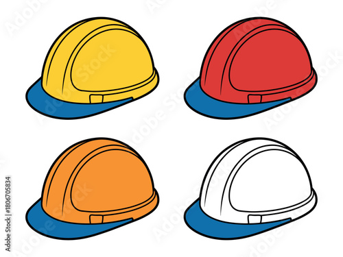 Four hard hats in different colors are displayed for safety and protection.