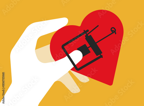 Heart trap hand, emotional manipulation illustration