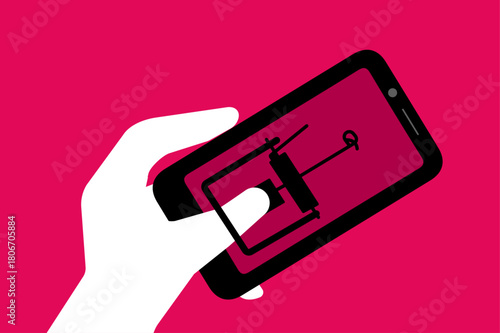 Hand trap smartphone, digital screen addiction illustration