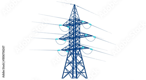 Blue electricity pylon with transmission lines no background