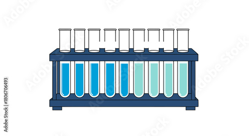 Rack of ten test tubes showing a color gradient from dark blue to light cyan No Background