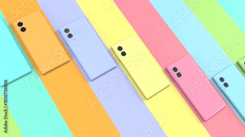 Lots of colorful smartphones move together on vivid background 3D 4K looping animation. Top view. Cellphone advertisement. Technology concept.