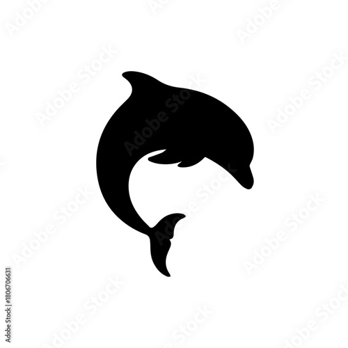 Black silhouette dolphin leaping in the air, isolated on white background, design