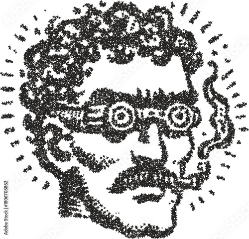 Psychedelic portrait of a man with a mustache and curly hair, wearing retro glasses and smoking, created with a glowing stipple vector effect. A surreal character for trippy or artistic themes.
