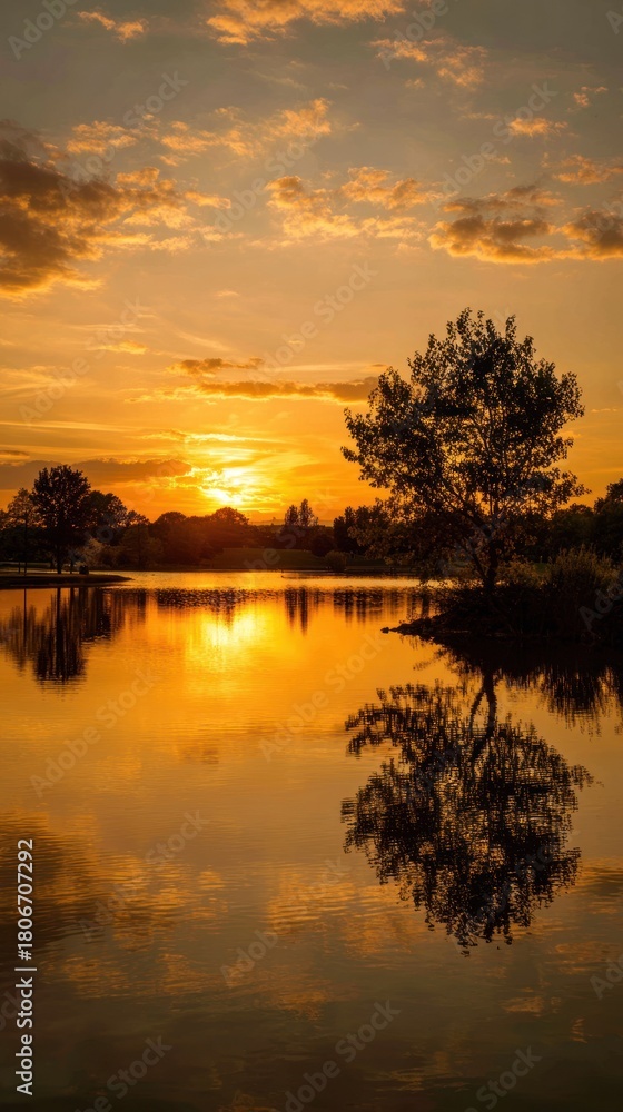 Obraz premium Golden sunset over still water