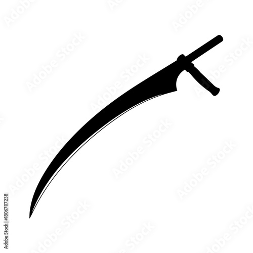 A black silhouette illustration of a curved blade weapon isolated on a white background