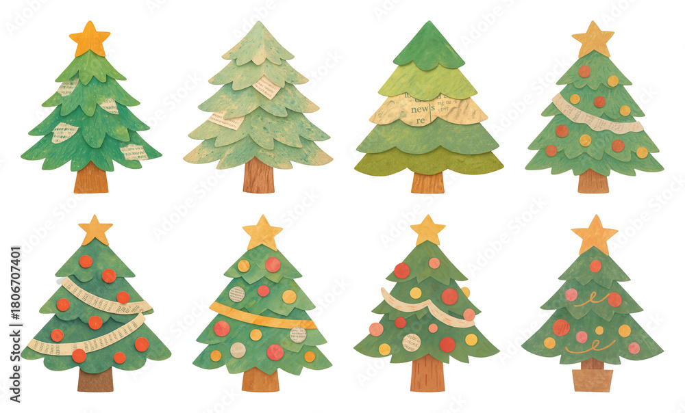 Obraz premium PNG Whimsical festive Christmas trees, element set on transparent background