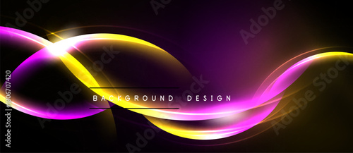 Abstract design features flowing curves, vibrant purple, gold hues against dark backdrop. Modern aesthetic, dynamic energy.
