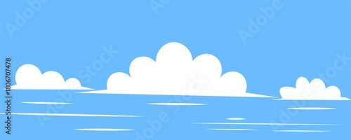 Set of white cloud icons on a blue background. Clouds vary in size and shape. Simple cloud designs for weather or sky themes. Cloud icons. Weather illustrations, vector set.