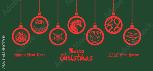 Vector red graphic round toy balls. Merry Christmas and Happy New Year. Green background. Fire horse. Bonfire, snowflake and pattern. 2026. Chinese horoscope and zodiac
