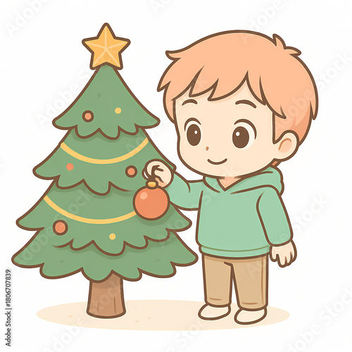 Chibi boy decorating a Christmas tree