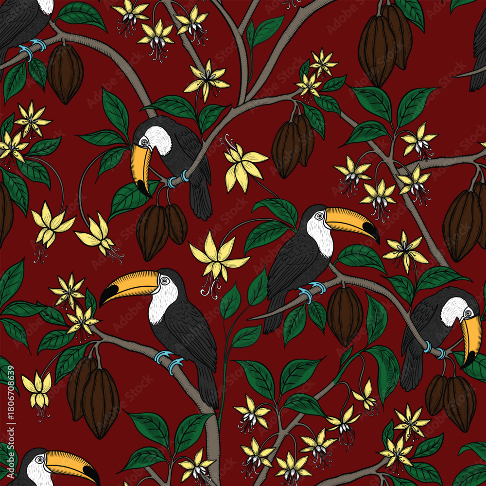 Naklejka premium Toucans on cocoa branches vector seamless pattern. Exotic birds and chocolate fruits hand drawn endless print for fabric and wallpaper in sketch style. Retro background toile de jouy.