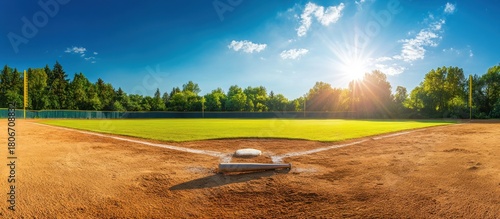 Scenic Baseball Field Under Bright Sunlight on a Clear Summer Day