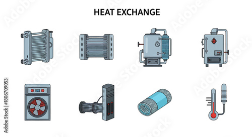 A diagram illustrating eight different heat exchange devices and components no background