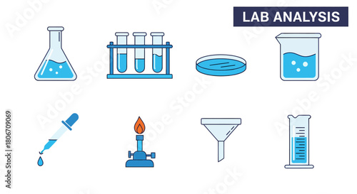 A graphic display of eight common laboratory equipment items with misspelled or stylized labels