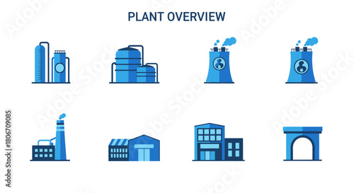 A graphic presentation showing icons for eight distinct plant components labeled in English no background