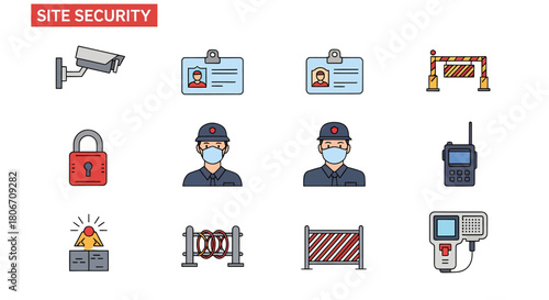 A set of twelve flatstyle icons related to site security in a grid layout no background