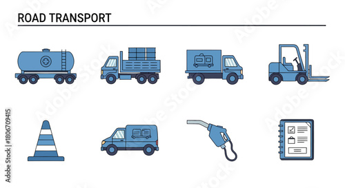 Blue and white lineart icons representing road transport vehicles and related equipment