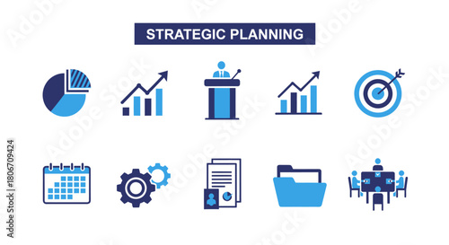 Collection of ten blue and dark blue icons related to strategic planning under a title banner no background