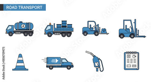 Eight blue and dark grey flat icons related to road transport including vehicles and equipment