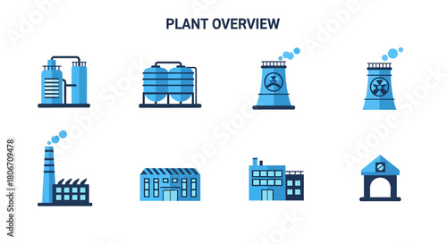 Eight blue icons illustrating different industrial plant components against no background