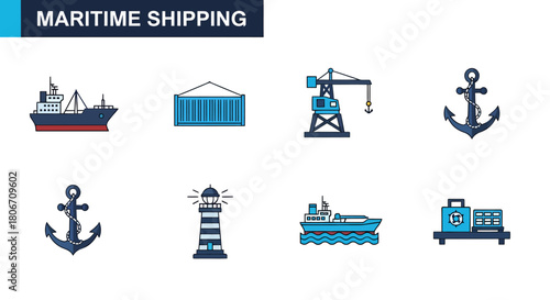 Eight maritime shipping icons arranged in two rows no background