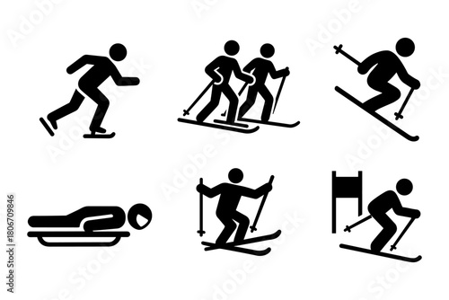 Winter sports icon set – cross-country skiing, alpine skiing, luge, slalom, and biathlon activities. Perfect for sport apps, infographics, or event branding. Vector illustration.