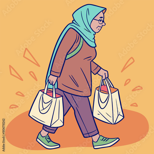 Elderly woman in headscarf walking and carrying shopping bags in a simple modern illustration