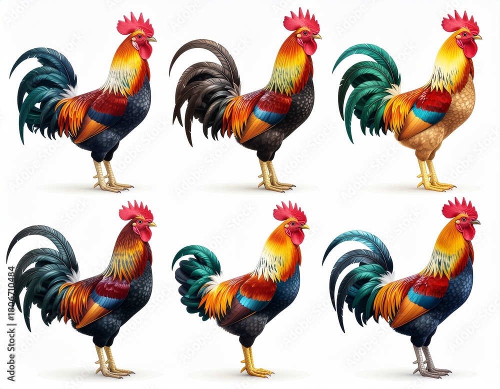 Fototapeta premium Collection of Six Colorful Roosters Standing Proudly