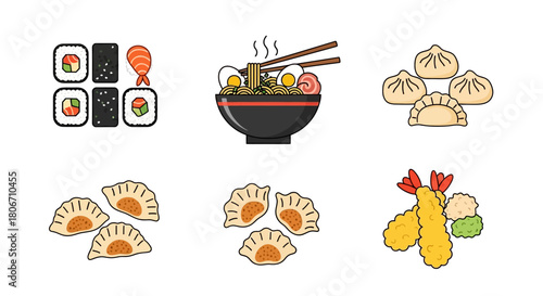 Japanese Cuisine Icons: Sushi Ramen Dumplings and Tempura.