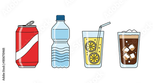 Refreshing Drinks: Soda Water Lemonade and Cola Illustration.